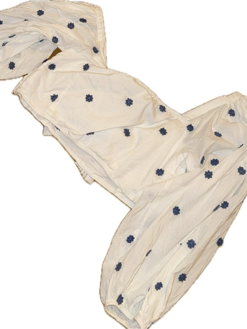 Farm Rio White Balloon Sleeve Top with Blue Floral Embroidery, Sz M - Picture 3 of 3